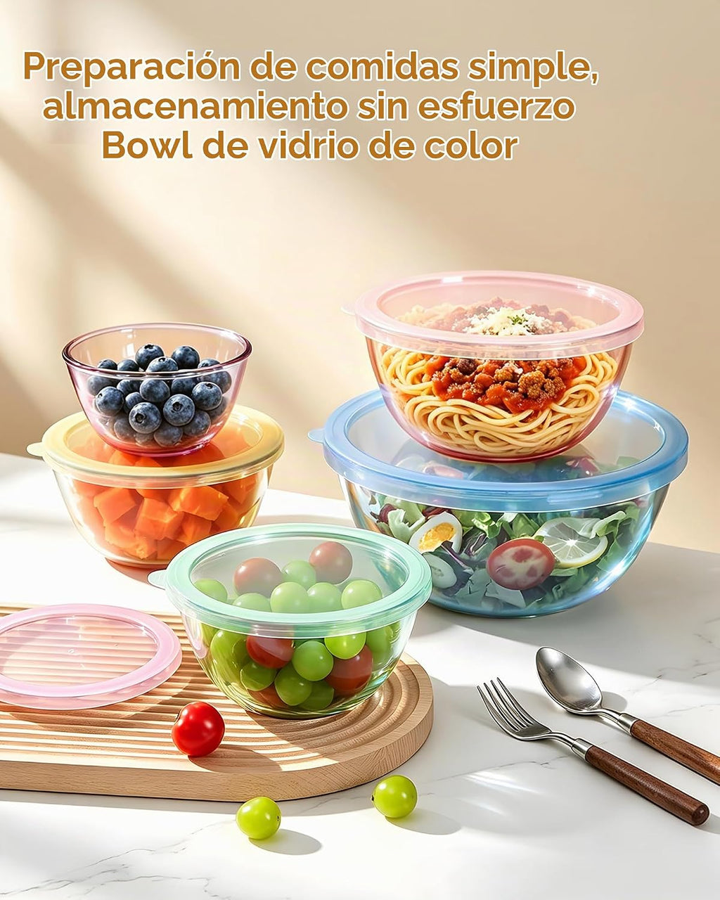 Paquete de 5 tazones de vidrio para mezclar con tapas (4.78 cuartos de