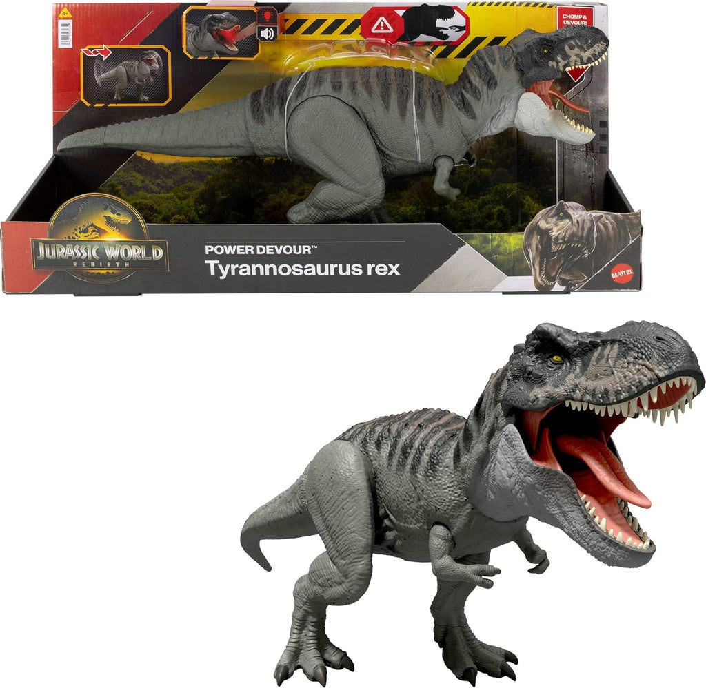 Mattel Jurassic World Rebirth Power Devour - Figura de dinosaurio Tiranosaurio Rex con mordida constante activada por la lengua, luces y sonidos, juego digital