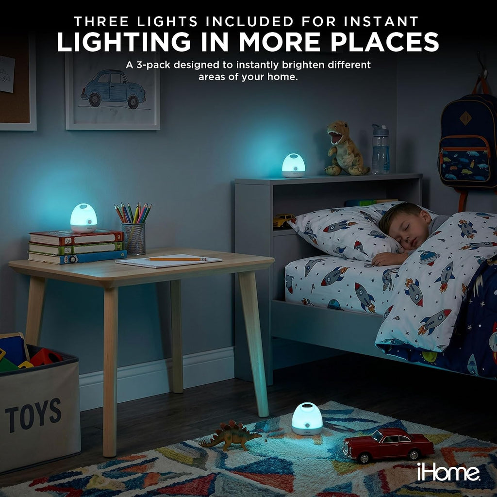 iHome Luz nocturna LED que cambia de color, paquete de 3, inalámbrica, funciona con pilas, iluminación de 360°, cambio de color RGBW y regulable
