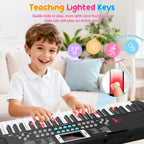 Teclado de piano para niños de 61 teclas con teclas iluminadas, modo de enseñanza, altavoz dual