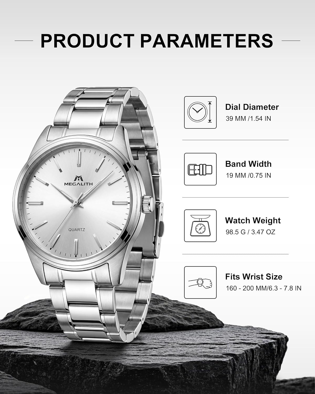 Reloj de hombre MEGALITH plateado: reloj de vestir delgado de lujo con esfera minimalista