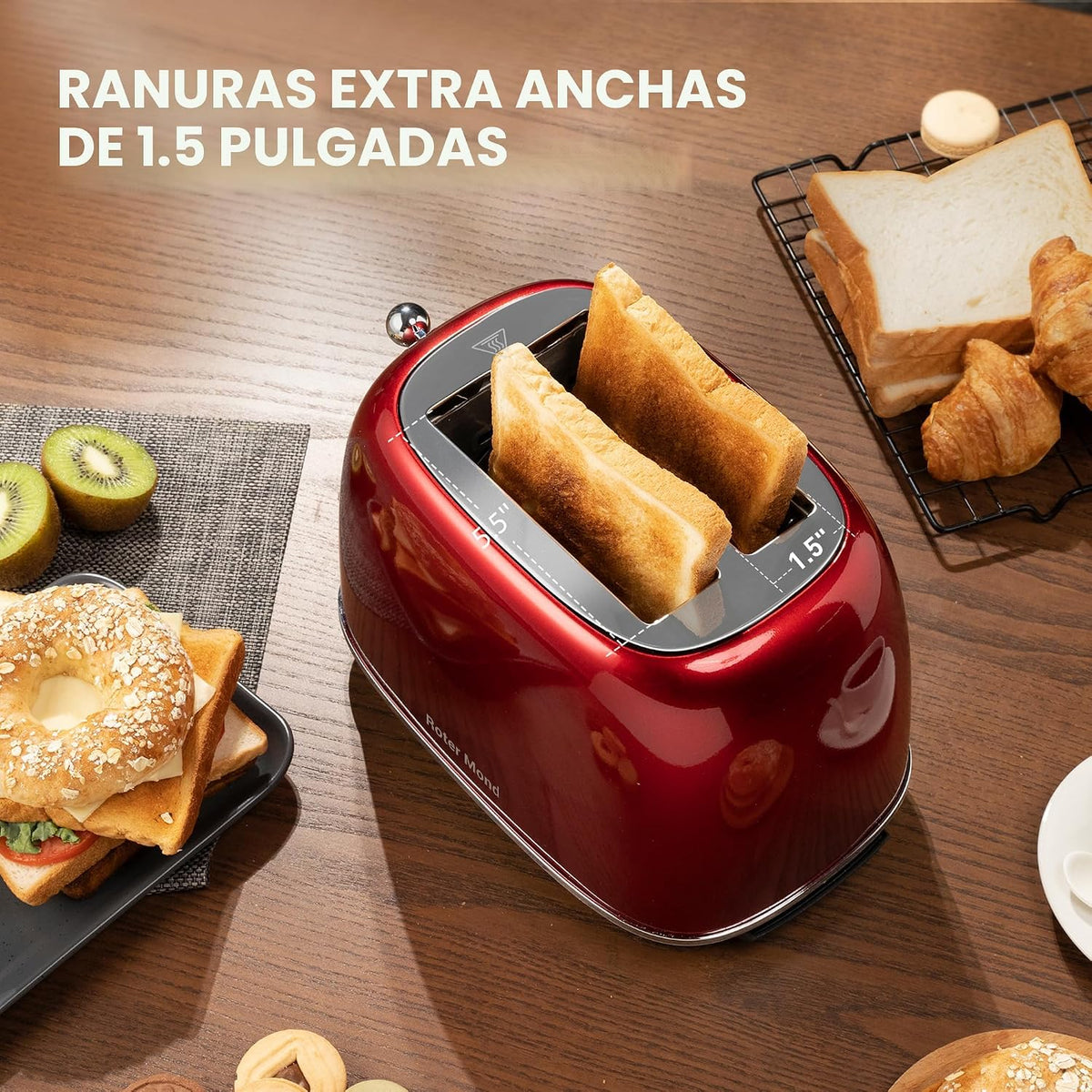 Roter Mond Tostadora de 2 rebanadas, de acero inoxidable, retro, con función de bagel, cancelar y descongelar, 6 ajustes de tostado de pan, ranuras extra anchas y bandeja de migas extraíble, color