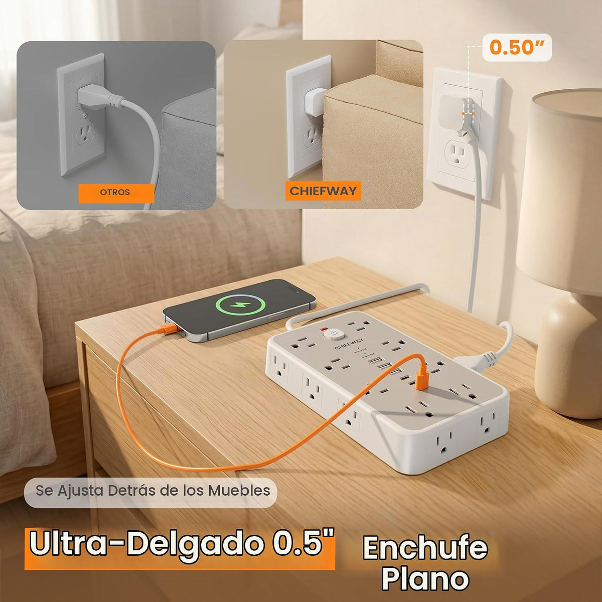 Regleta de protección contra sobretensiones de 6 pies con 6 USB