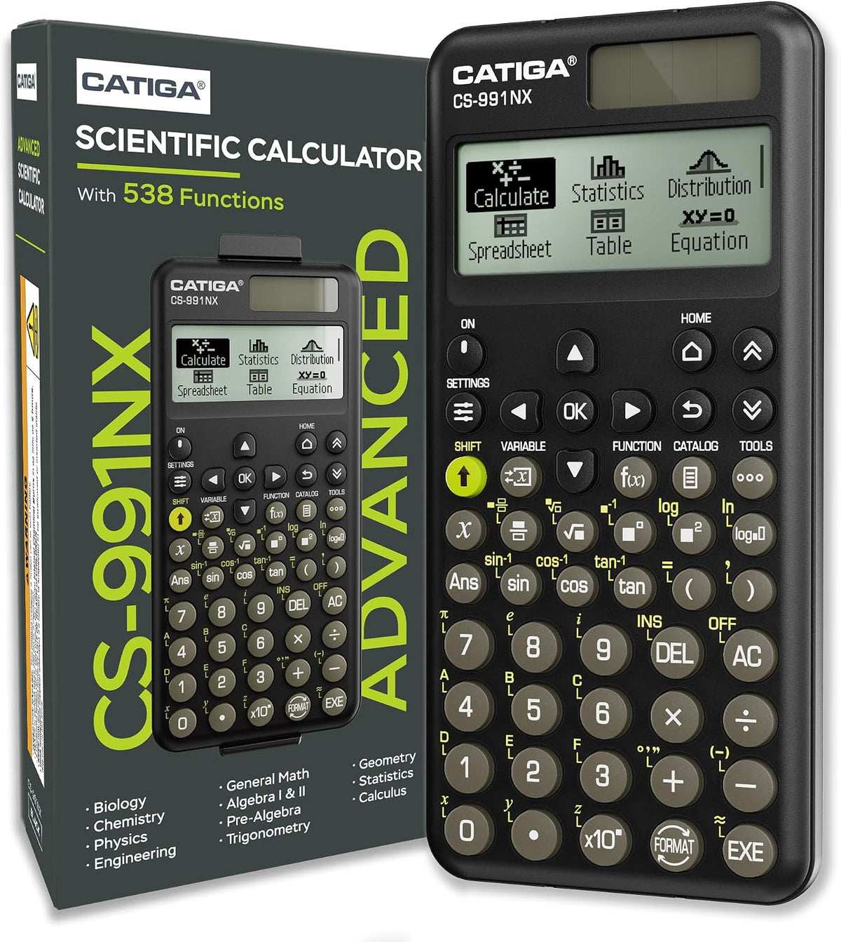 CATIGA Calculadora científica negra con pantalla HD estilo libro de texto, calculadoras científicas solares y de batería para estudiantes universitarios, secundaria e ingeniería, menú de iconos y
