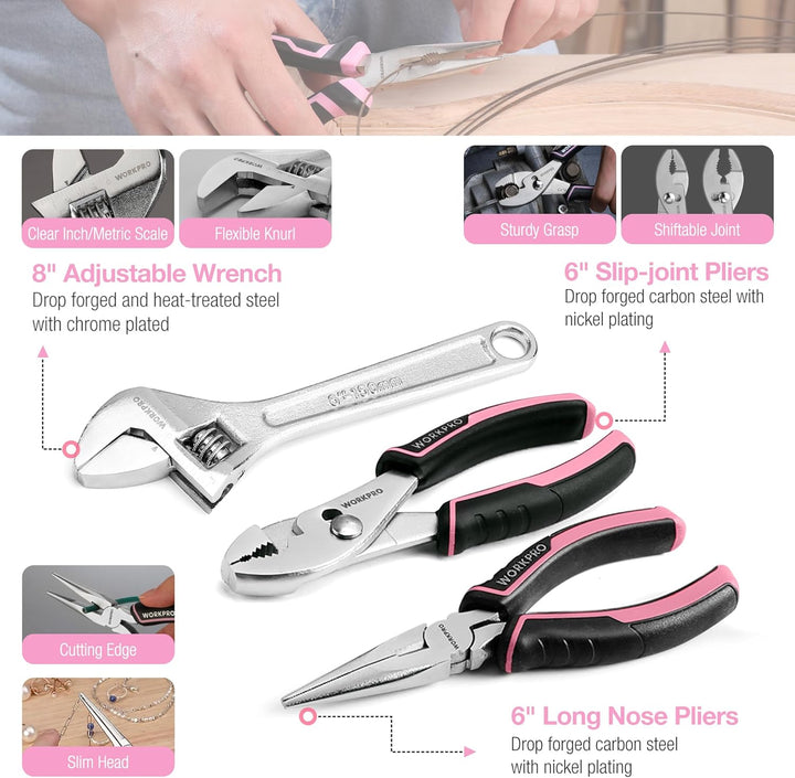 WORKPRO Juego de herramientas rosa, kit de 284 piezas para mujeres,...