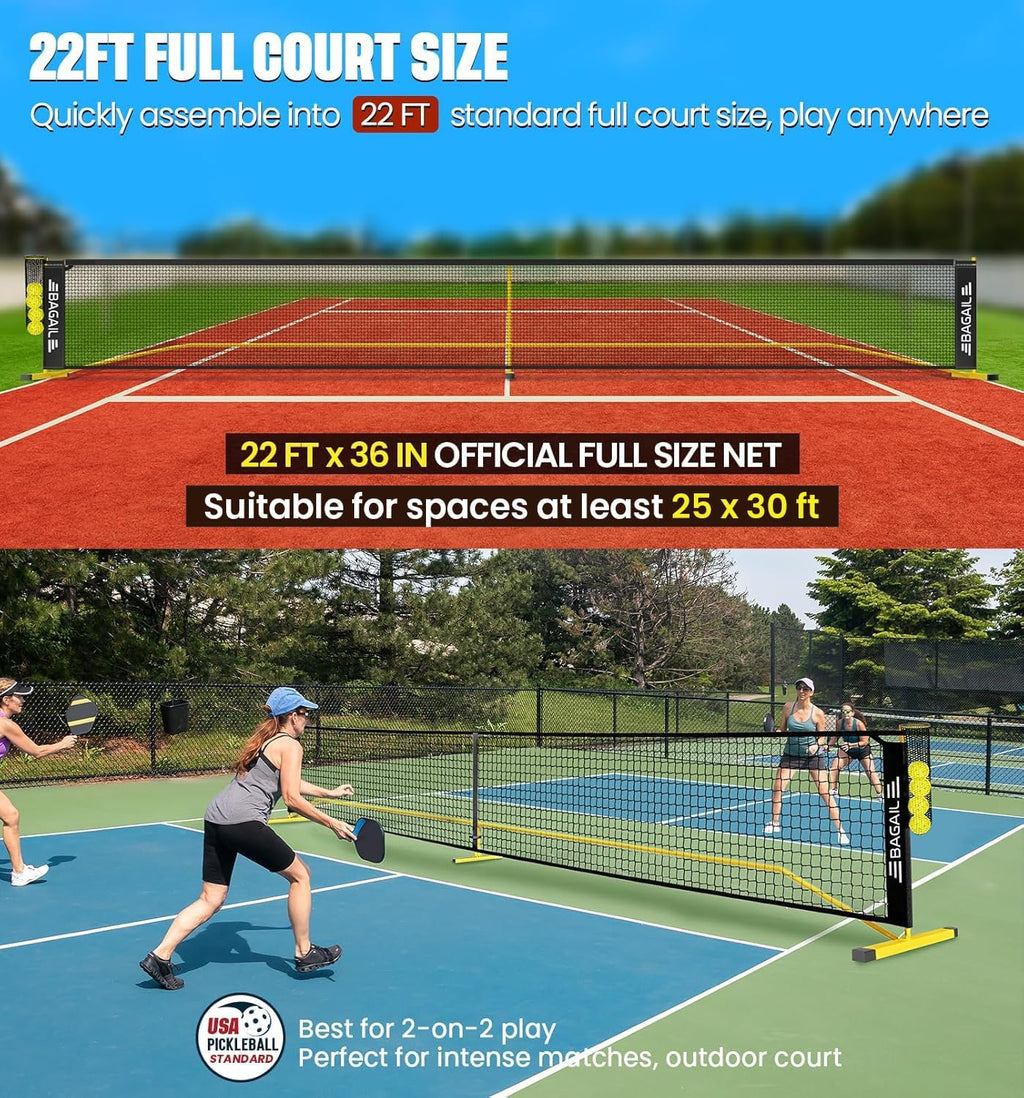 BAGAIL Portátil Set de Red de Pickleball, 22 FT Tamaño reglamentario de red de pickleball con recogedor de pelotas, 4 pelotas y bolsa de transporte, montaje fácil para exterior interior en la entrada
