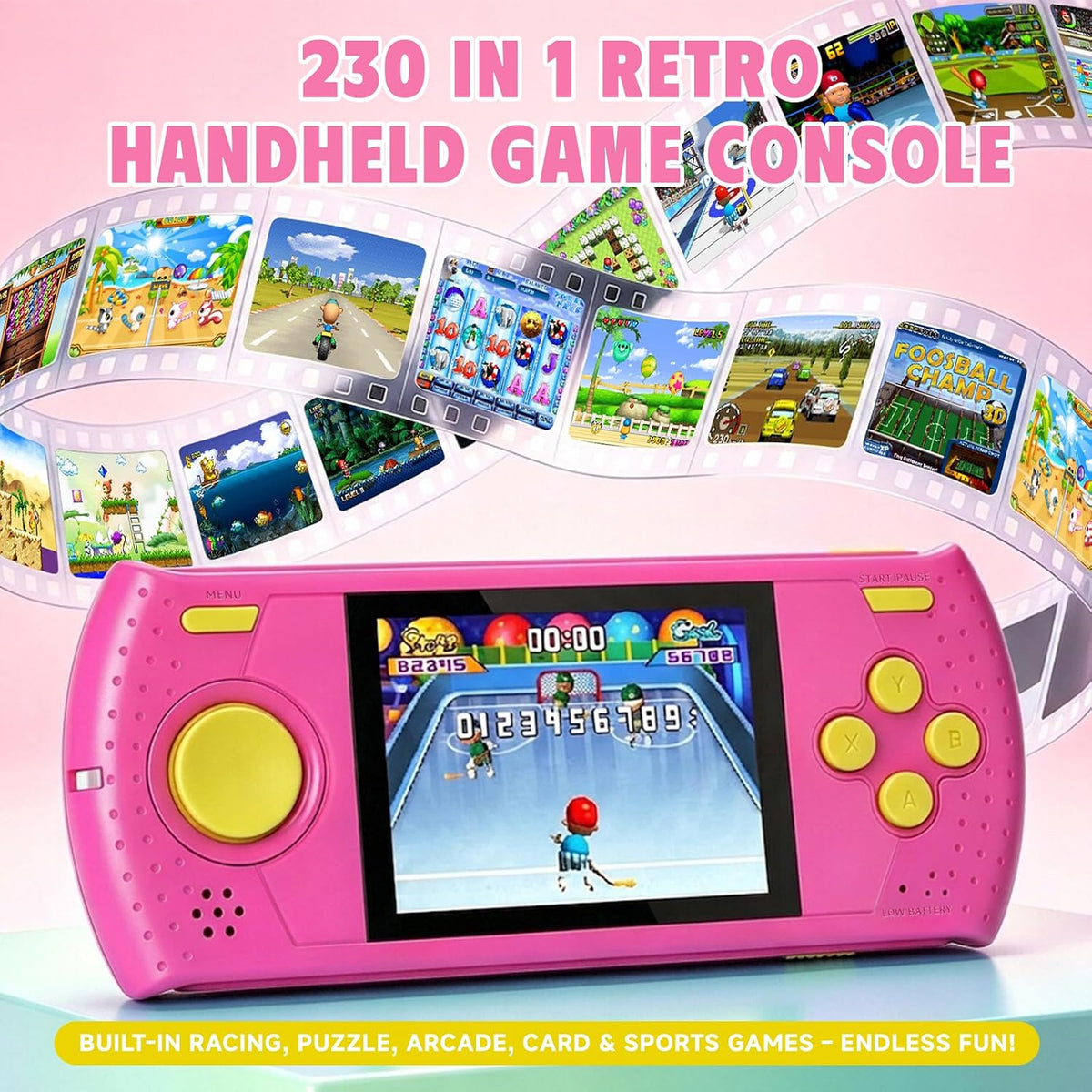 Juego de mano para niños, reproductor de videojuegos portátil con 230 juegos clásicos, mini arcade de viaje recargable, pantalla HD de 3.0 pulgadas, juguetes electrónicos para niños y niñas, ideal