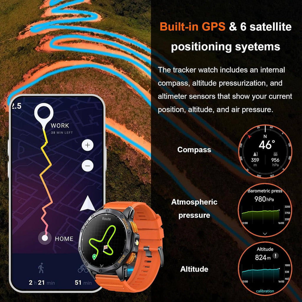 Relojes inteligentes militares con GPS integrado, más de 170 modos deportivos para hombres con linterna, reloj inteligente para teléfonos Android y iPhone, pantalla AMOLED de 1.43 pulgadas, altímetro