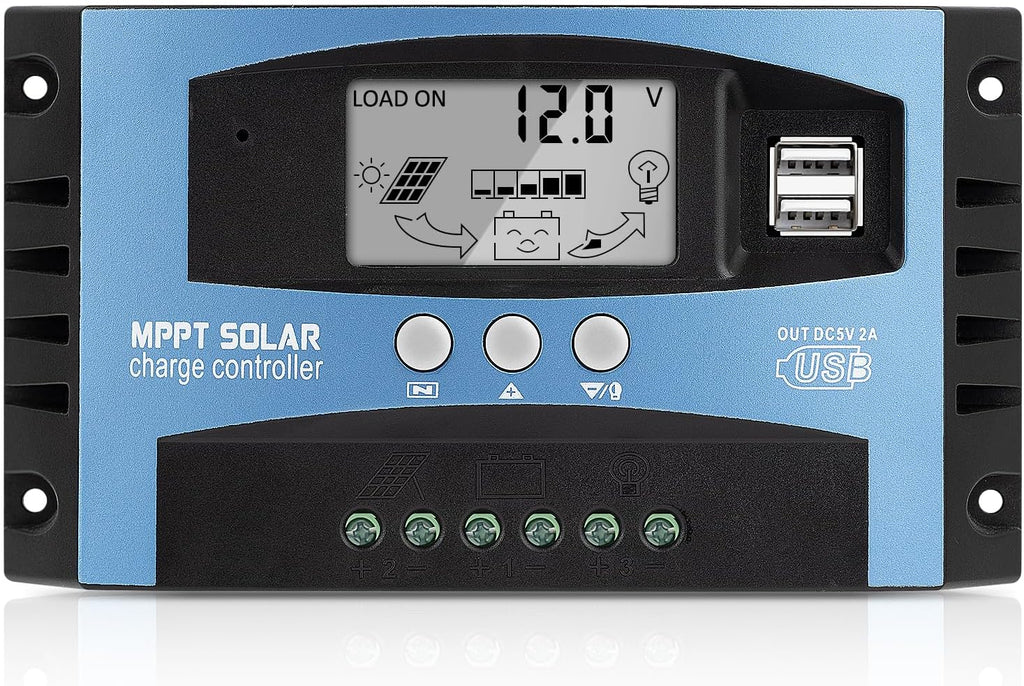 Controlador de carga de panel solar MPPT de 100 A, controlador de cargador de batería solar automático de 12 V/24 V con pantalla LCD, puerto USB dual y temporizador de ajuste de horas de encendido