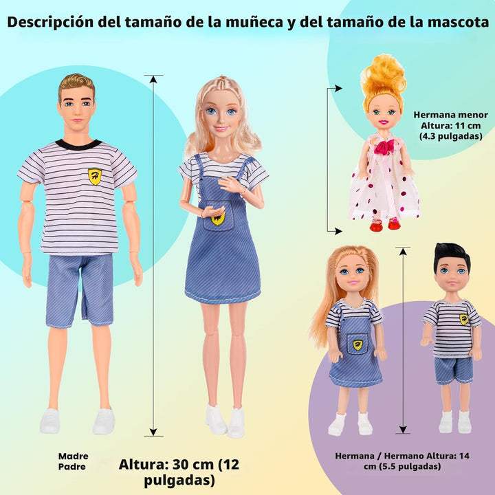 Set de juego familiar de muñecas dollbie con carriola de bebé - 6 p...
