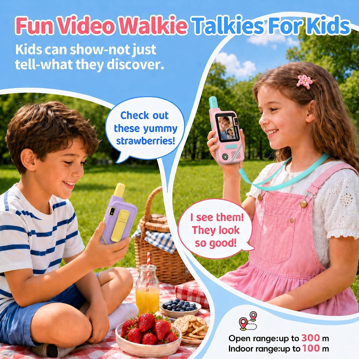 KJAI Walkie Talkies de video para niños, paquete de 2 con cámara giratoria de 180°, cambiador de voz, 10 divertidos efectos adhesivos, clip y cordón, juguetes al aire libre y regalos de cumpleaños