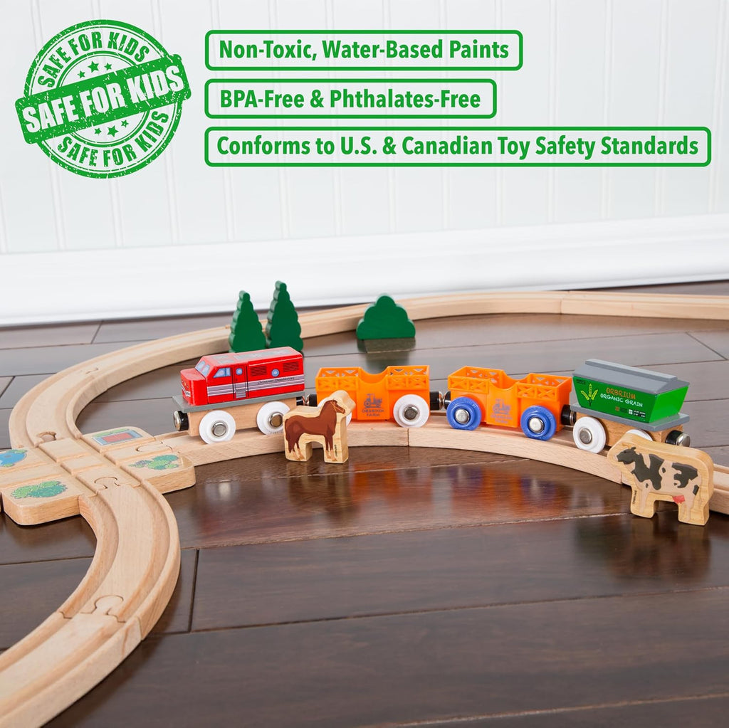 ORBRIUM Juego de trenes de madera, 12 coches y motores magnéticos, colección de 18 piezas, trenes de animales, circo, granja, safari, zoológico, compatible con Thomas Brio Melissa & Doug ferrocarril de madera para niños pequeños