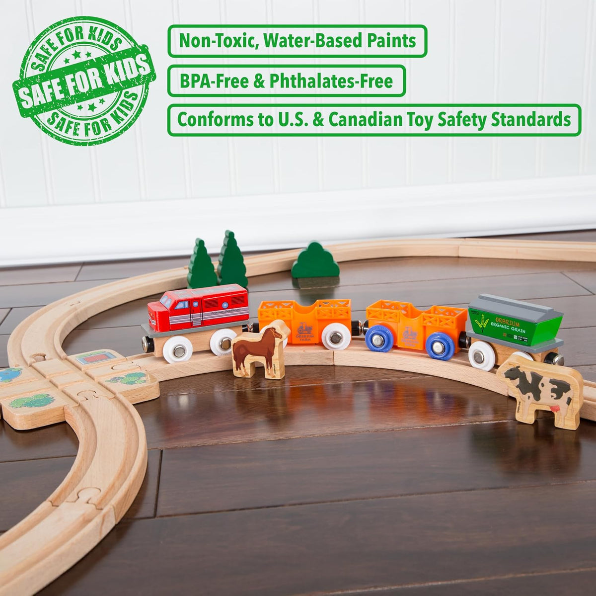 ORBRIUM Juego de trenes de madera, 12 coches y motores magnéticos, colección de 18 piezas, trenes de animales, circo, granja, safari, zoológico, compatible con Thomas Brio Melissa & Doug ferrocarril de madera para niños pequeños