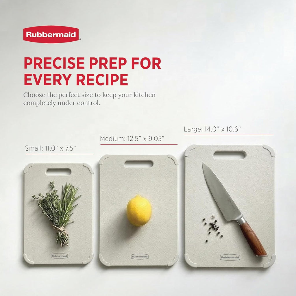 Rubbermaid Juego de tablas de cortar reversibles de fibra de trigo de 3 piezas, tablas de cortar para cocina, aptas para lavavajillas, esquinas antideslizantes, ligeras y fáciles de almacenar, tabla