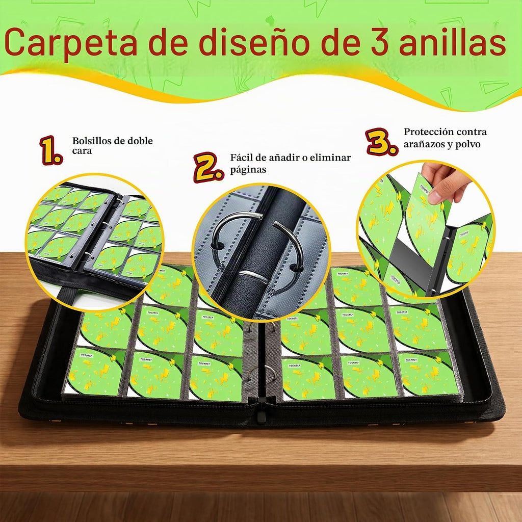 Carpeta de tarjetas para tarjetas de Pokémon, carpeta de 9 bolsillos para 900 tarjetas con 50 fundas extraíbles, 3 anillos con cremallera, estuche para tarjetas TCG, MTG, colección de tarjetas