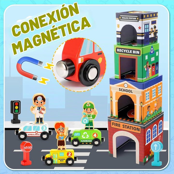 Juguetes apilables para bebés pequeños, autos magnéticos de madera...