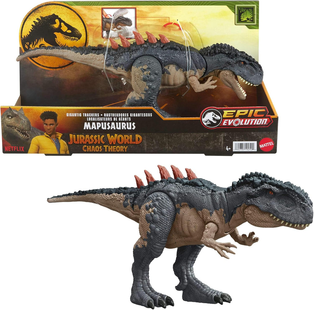 Mattel Jurassic World Figura de acción de rastreadores gigantes, juguete de dinosaurio Mapusaurus con ataque de rabieta de mordida mega, espinas traseras de evolución y juego digital