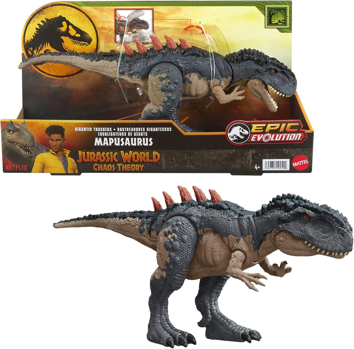 Mattel Jurassic World Figura de acción de rastreadores gigantes, juguete de dinosaurio Mapusaurus con ataque de rabieta de mordida mega, espinas traseras de evolución y juego digital
