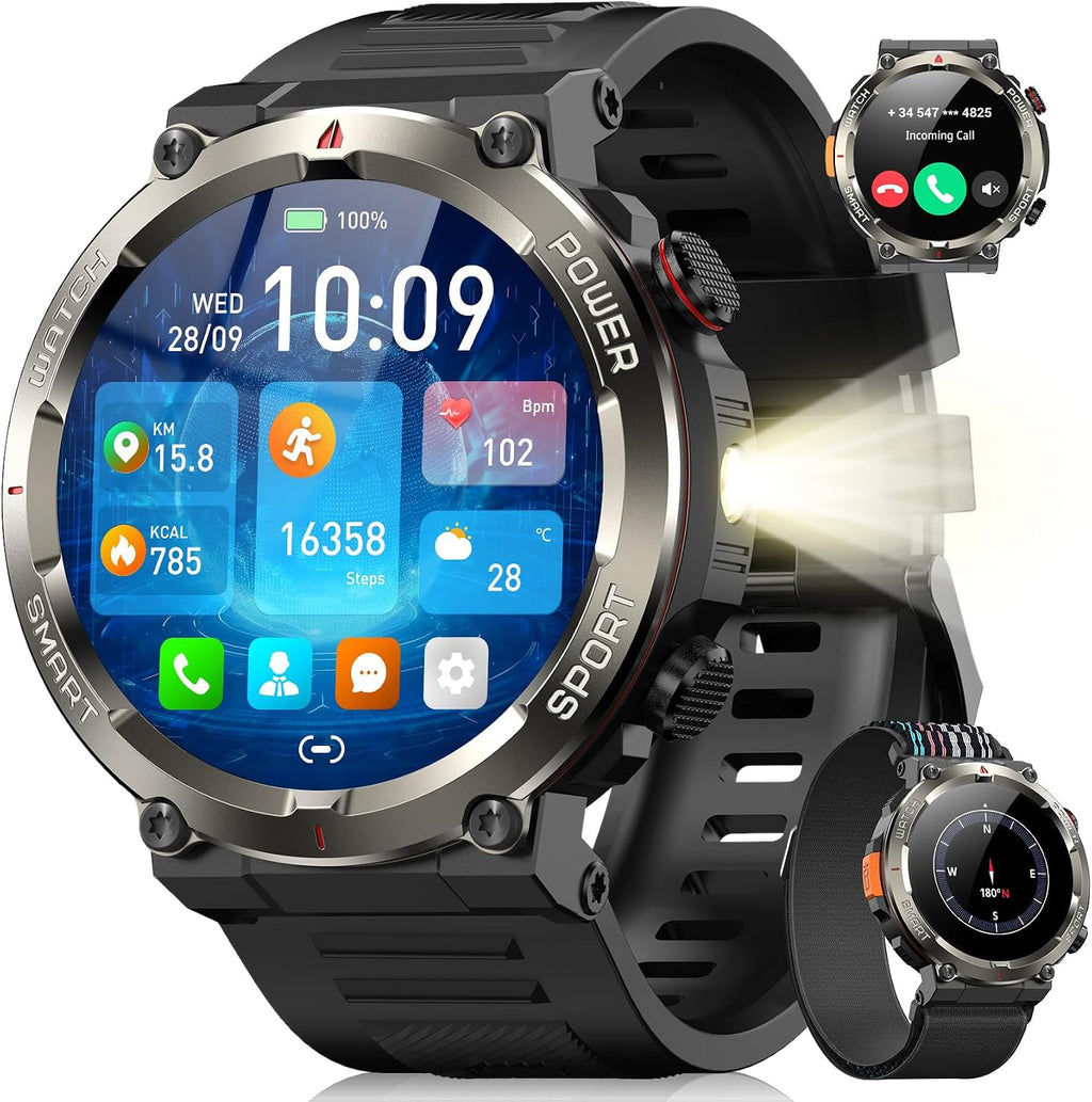 Reloj Inteligente Militar para Hombres (Responder/Realizar Llamadas), Reloj Inteligente Exterior con 100 Días de Batería/Linterna/Brújula/Frecuencia Cardíaca/SpO2/Sueño/2 Correas, Reloj Deportivo Robusto para iPhone/Android