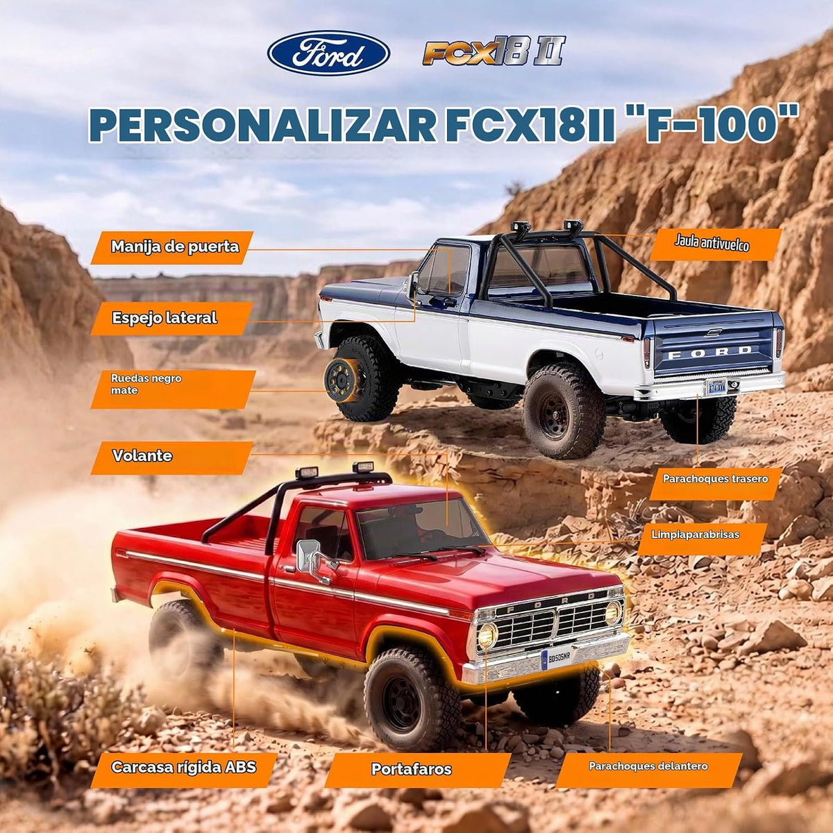 BEEZRC FMS FCX18 II Ford F-100 - Rastreador RC con licencia oficial, camión magnético de liberación rápida a control remoto, chasis LCG, oruga todoterreno para adultos, RTR cepillado (distancia entre