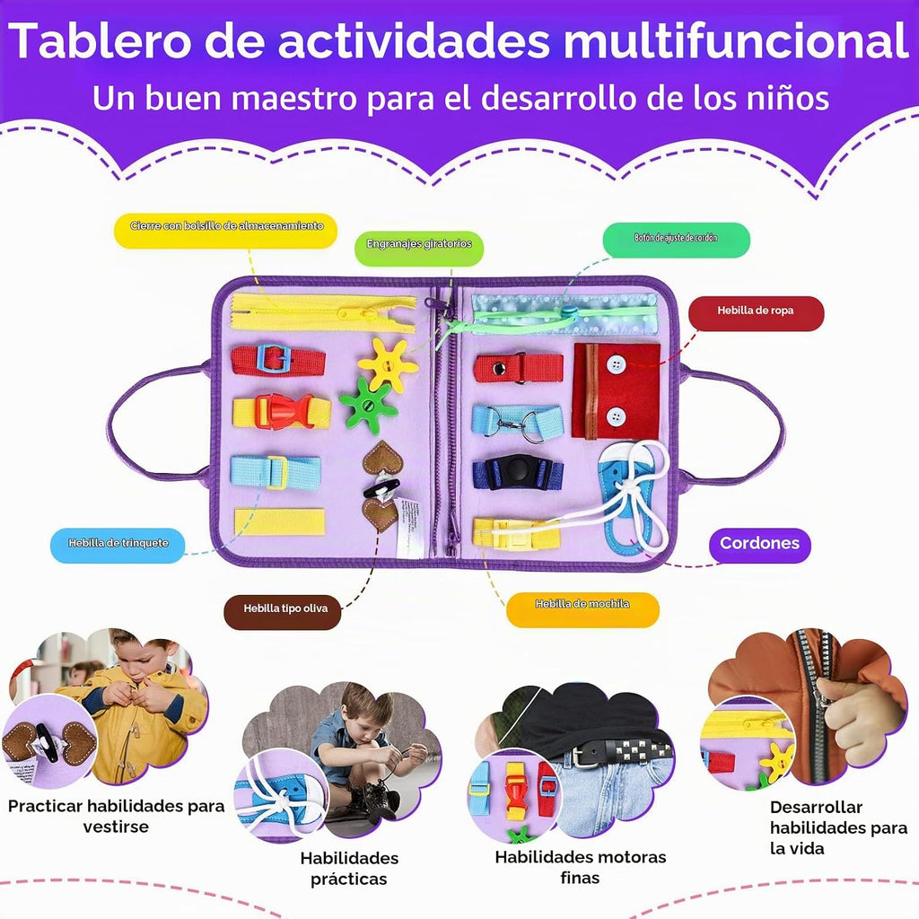 Juguetes Montessori de tablero ocupado, regalos de cumpleaños para niñas, juguete sensorial de viaje para autismo, libro de actividades educativas, aprendizaje preescolar, juguetes de habilidades motoras finas, morado