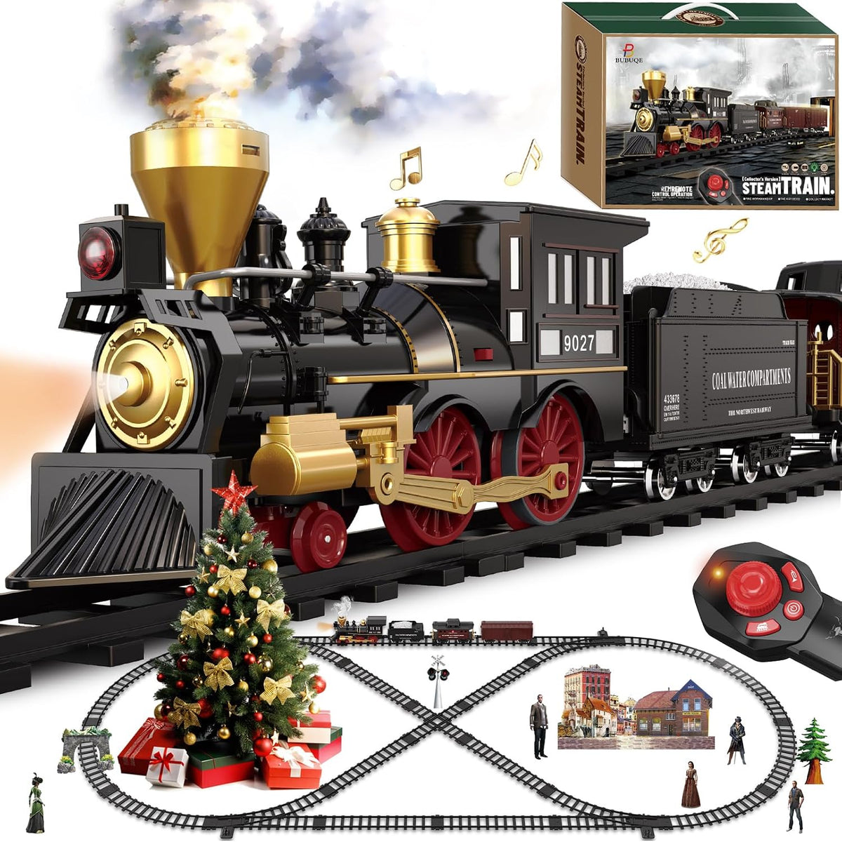 Juego de Tren para Niños con Control Remoto, Juguetes de Tren con Locomotora de Vapor, Vagón de Pasajeros y Vías de Lujo, Trenes Eléctricos con Humo Realista, Sonidos y Luces, Regalo de Navidad y