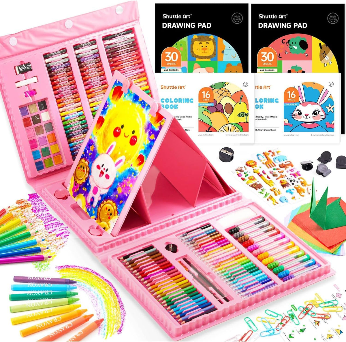 Shuttle Art Juego de arte para niños de 335 piezas, suministros de arte multimedia, kit de arte de regalo con caballete triple, 2 blocs de dibujo, 2 libros para colorear, pasteles al óleo, crayones y