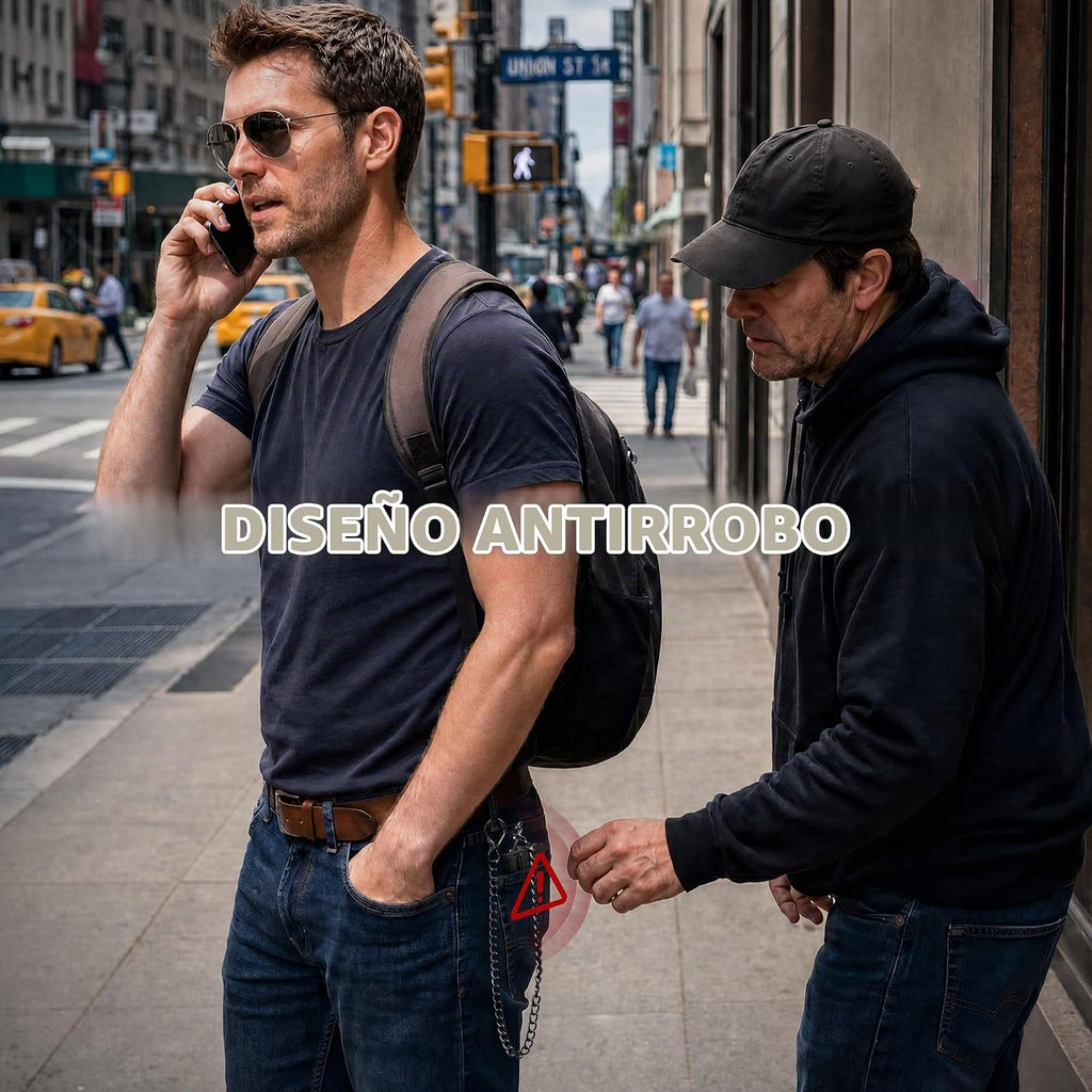 VULKIT Billetera para hombre con cadena antirrobo con bloqueo RFID, billetera triple plegable, diseño elegante, Negro, Cartera antirrobo