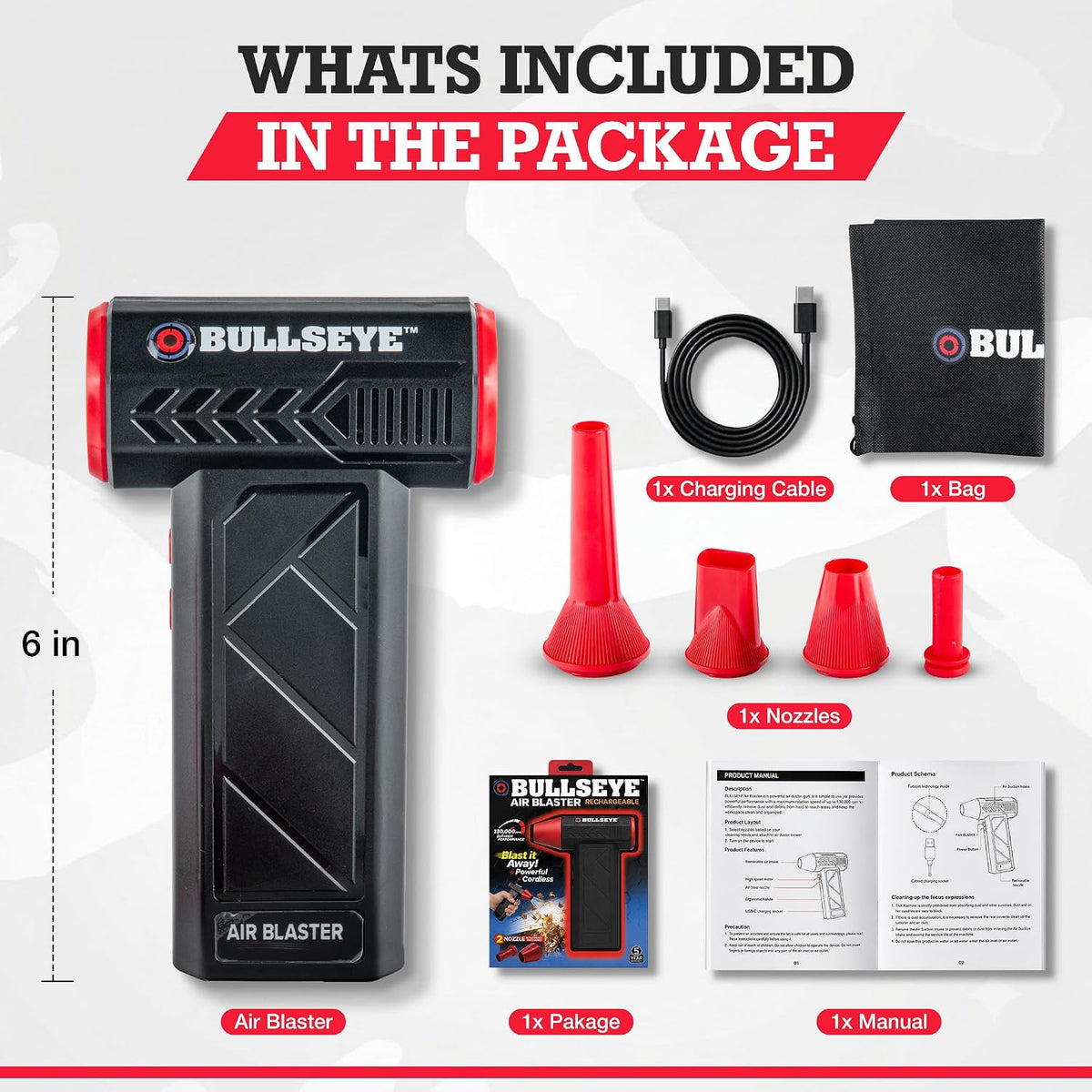 Bullseye Air Blaster - Plumero de aire y soplador, 4 boquillas, como se ve