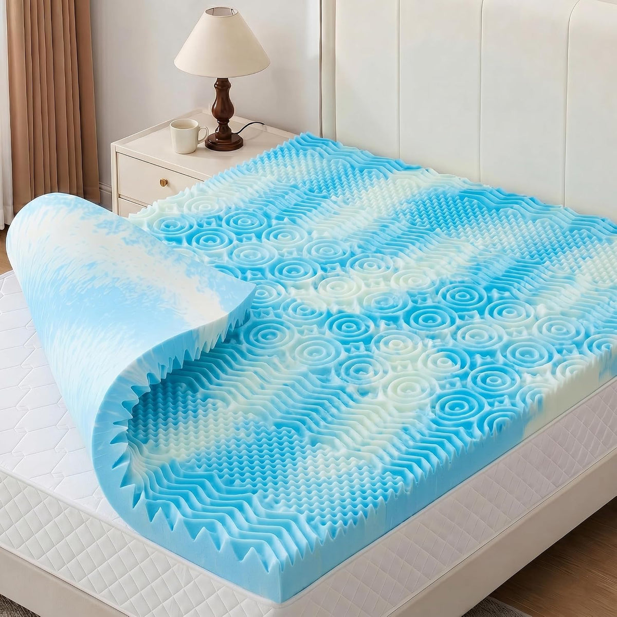 Cubrecolchón de 2 pulgadas, de espuma viscoelástica de 7 zonas, alivia la presión, certificado CertiPUR-US, tamaño individual, color azul