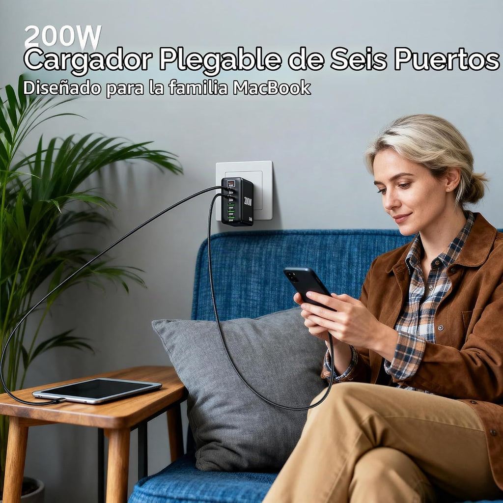 Paquete de 2 cargadores USB C, 200 W GaN cargador súper rápido tipo C iPhone 17 16 carga rápida 6 puertos plegable PD estación de carga para todos los teléfonos iPhone/Android, Samsung Galaxy S25/S24