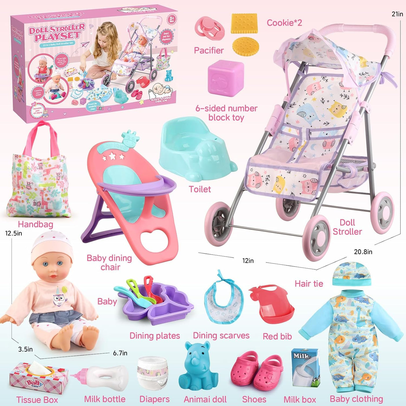 Juego de cochecito de bebé con muñeca de bebé de 125