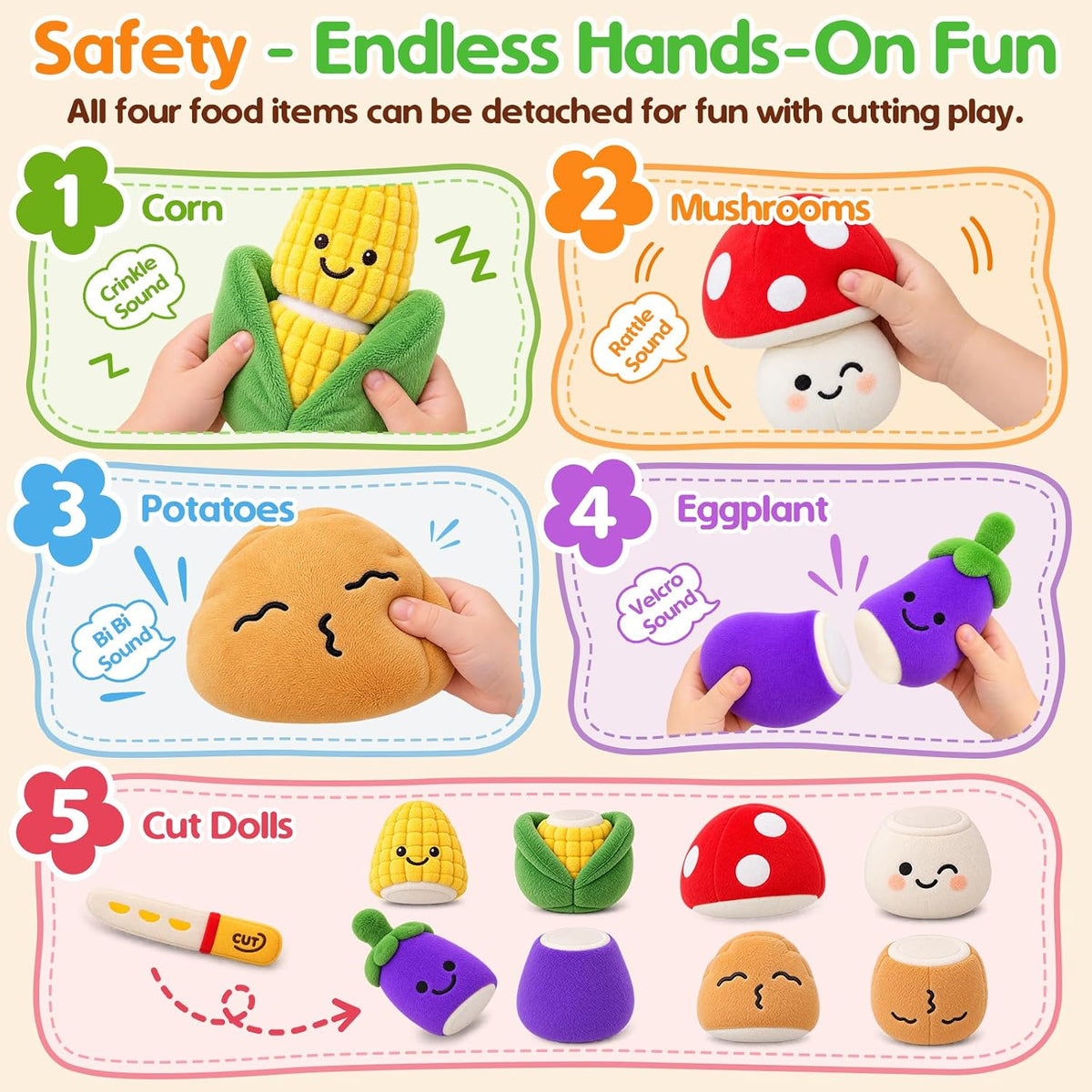 Juguetes sensoriales musicales, juguetes Montessori para bebés de 1 año de edad, frutas y verduras, 6 unidades | Juguete de peluche Montessori sensorial para jugar, juguete de aprendizaje con texturas
