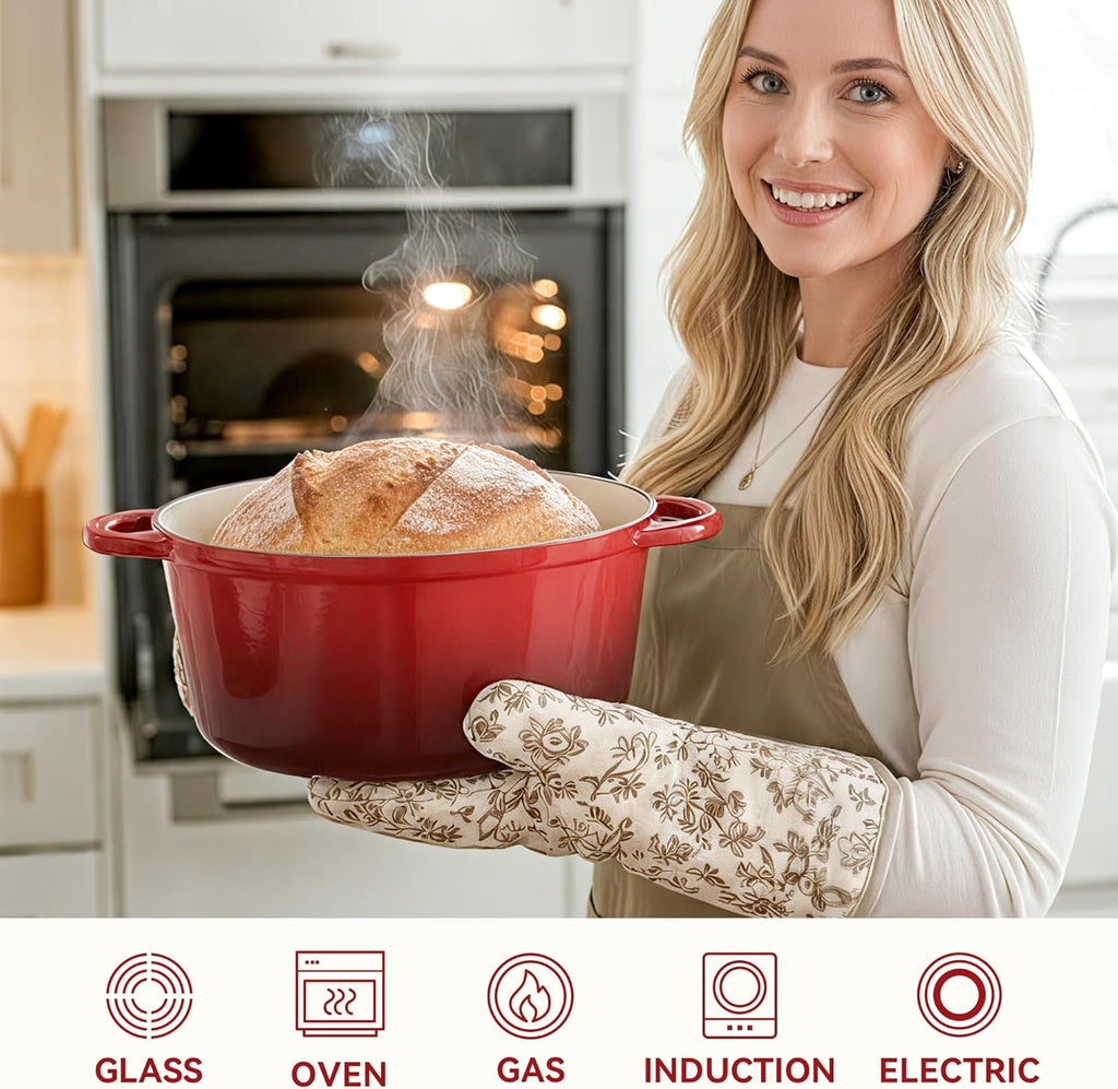 Olla holandesa de 6 cuartos de galón con tapa, horno holandés de hierro fundido esmaltado antiadherente para hornear pan, resistente, utensilios de cocina de cerámica aptos para horno hasta 500 °F para hornear, estofar, guisar, asar, rojo