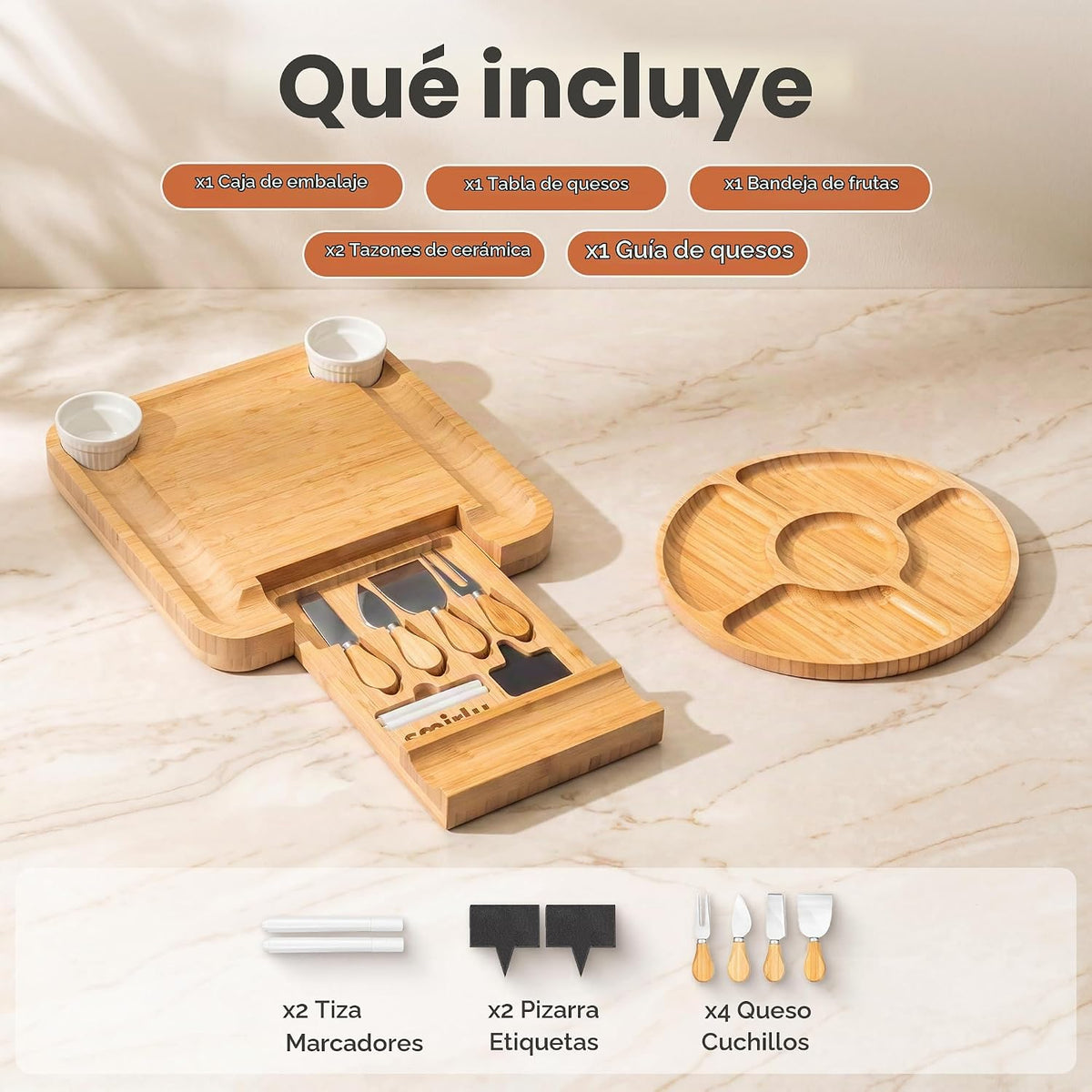 SMIRLY Juego de tablas de embutidos con accesorios para servir, bambú