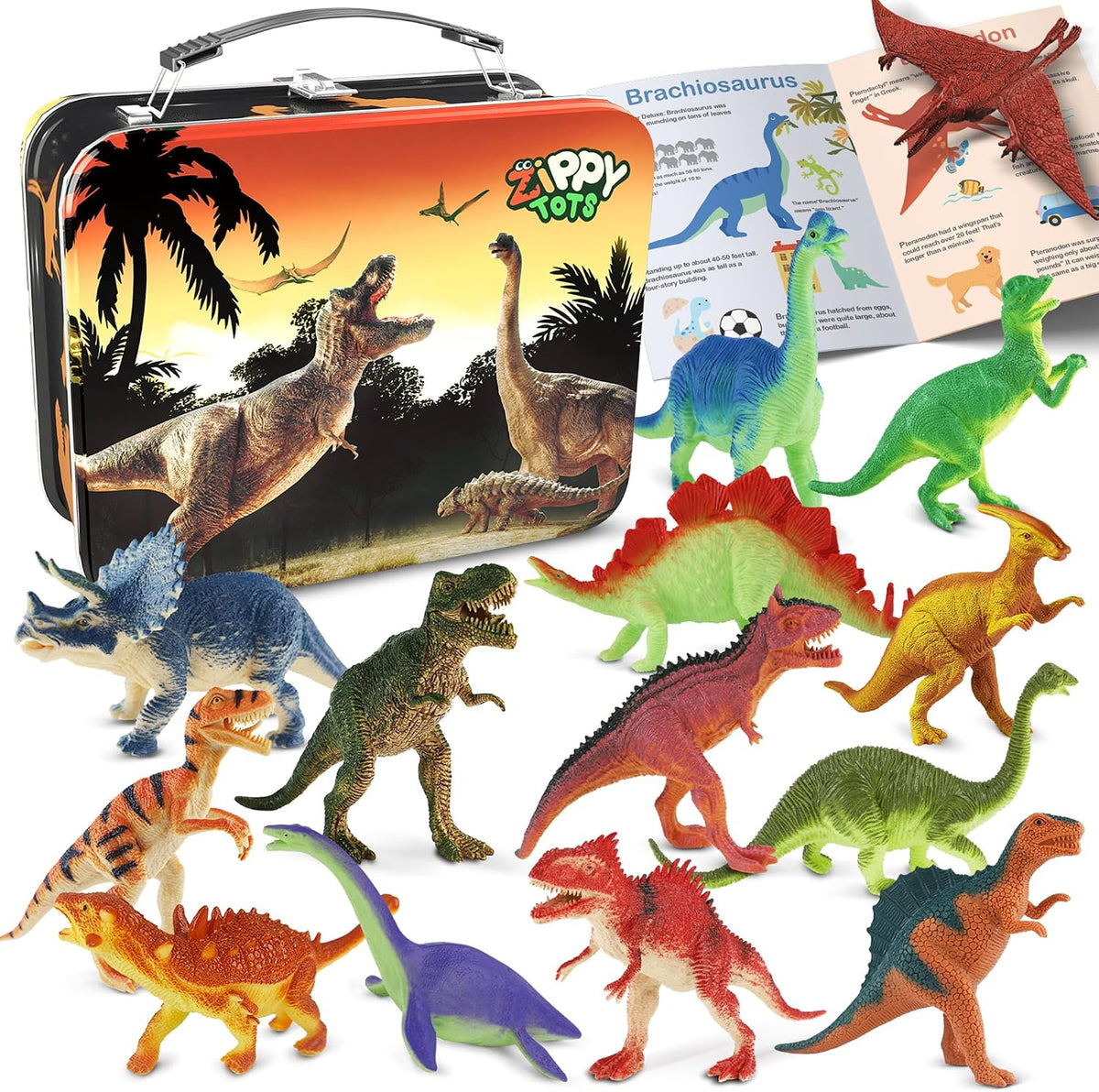 Juguetes de dinosaurio para niños 3-5-7-14 figuras realistas de dinosaurio de plástico con caja de almacenamiento de metal y folleto de aprendizaje, juguetes educativos de figuras de dinosaurios para niños y niñas pequeños