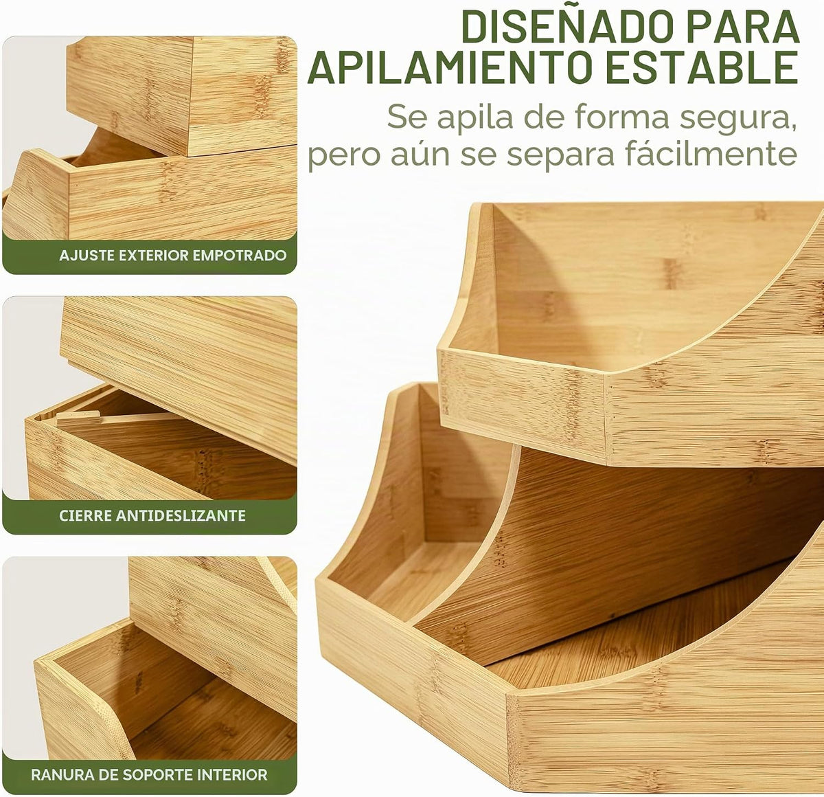HOMESTEAD Contenedor de almacenamiento esquinero de bambú, apilable de 2 niveles para almacenamiento de papas y cebollas para mostrador de cocina, estante de esquina de madera, organizador de despensa