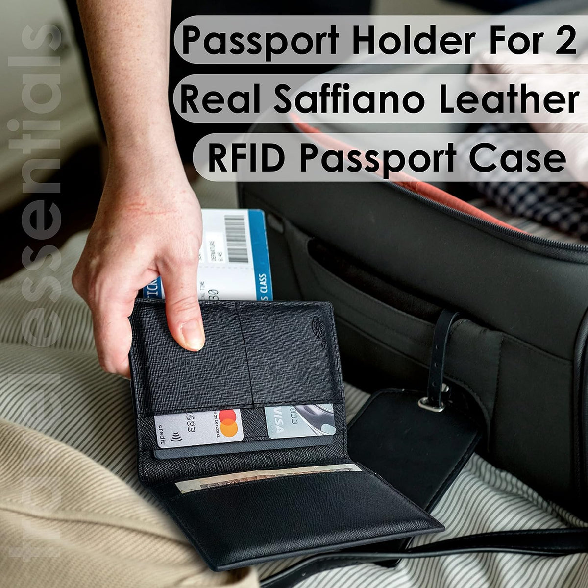 2 Portapasaportes - Esenciales de viaje, billetera con bloqueo RFID, organizador de tarjetas de crédito, accesorio de cobertura delgada para hombres y mujeres, Negro, Talla única