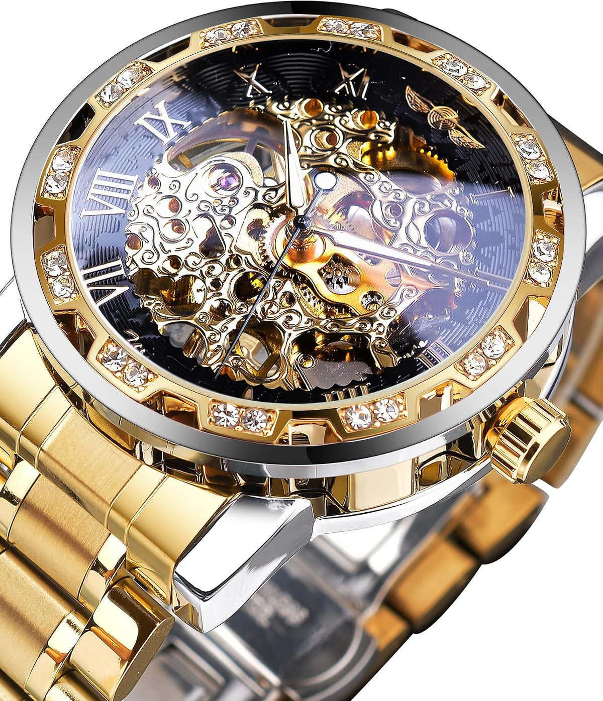 Winner Reloj de esqueleto mecánico manual retro con diamante y tallado de flores artesanales para hombre, reloj de pulsera mecánico clásico con número romano