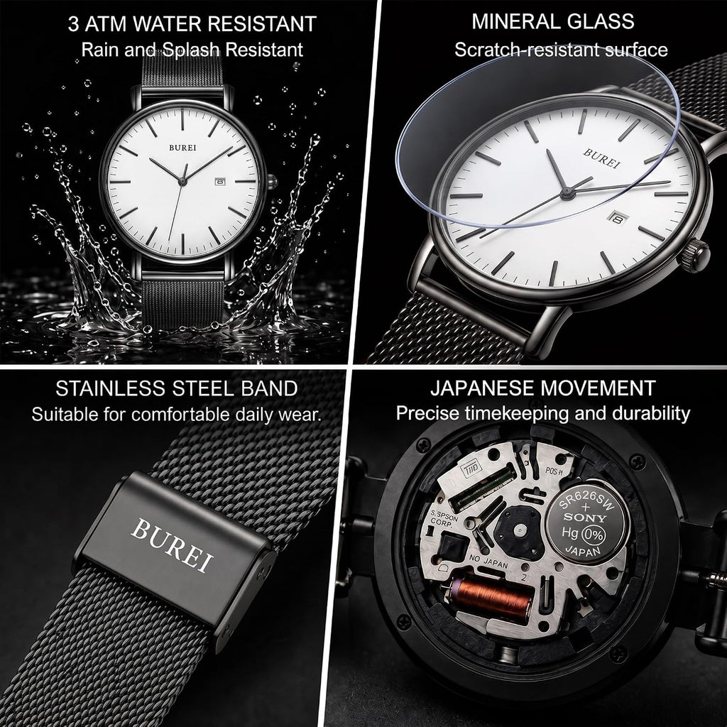 BUREI Relojes de pulsera para hombre, relojes minimalistas de moda, analógicos de cuarzo, impermeables para hombres