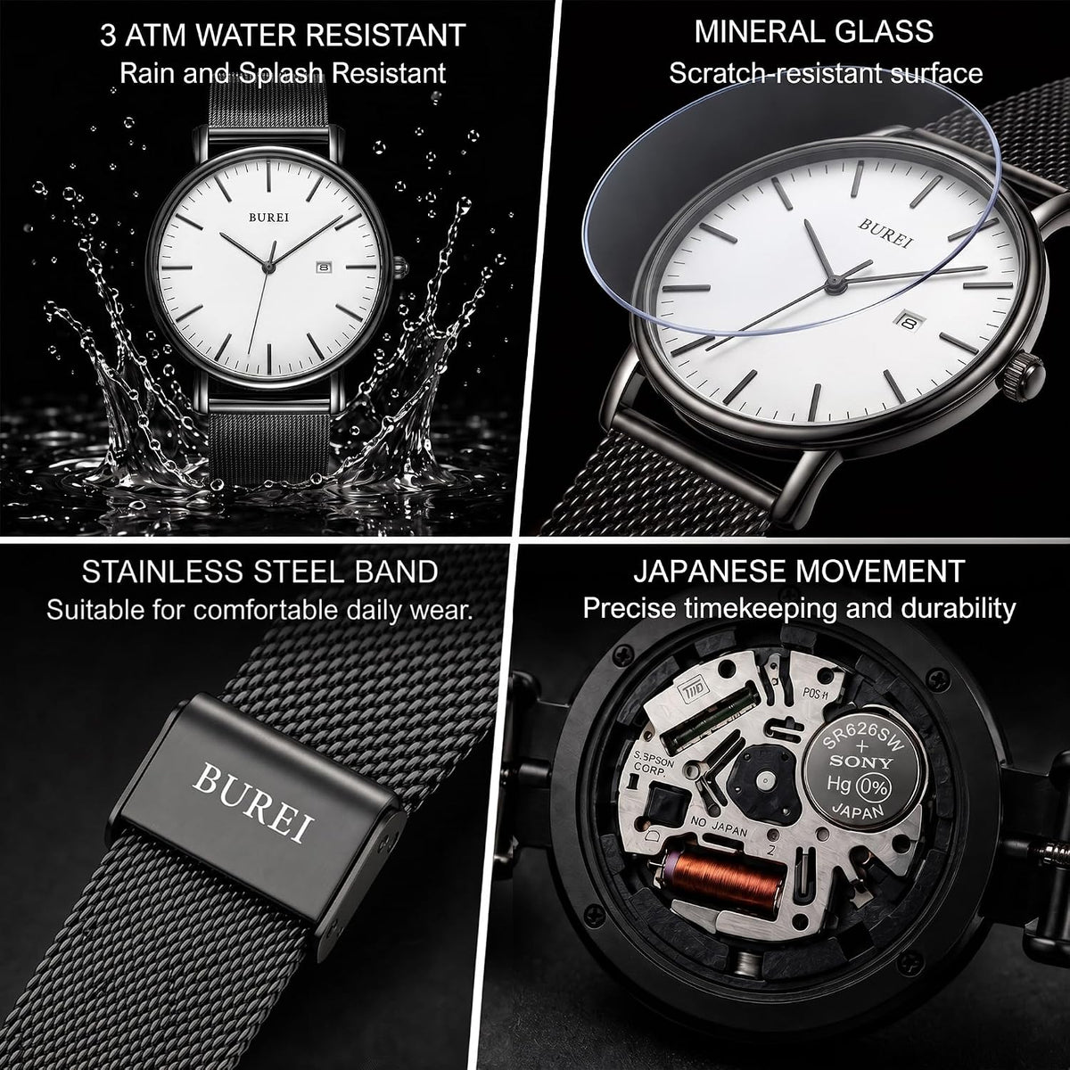 BUREI Relojes de pulsera para hombre, relojes minimalistas de moda, analógicos de cuarzo, impermeables para hombres
