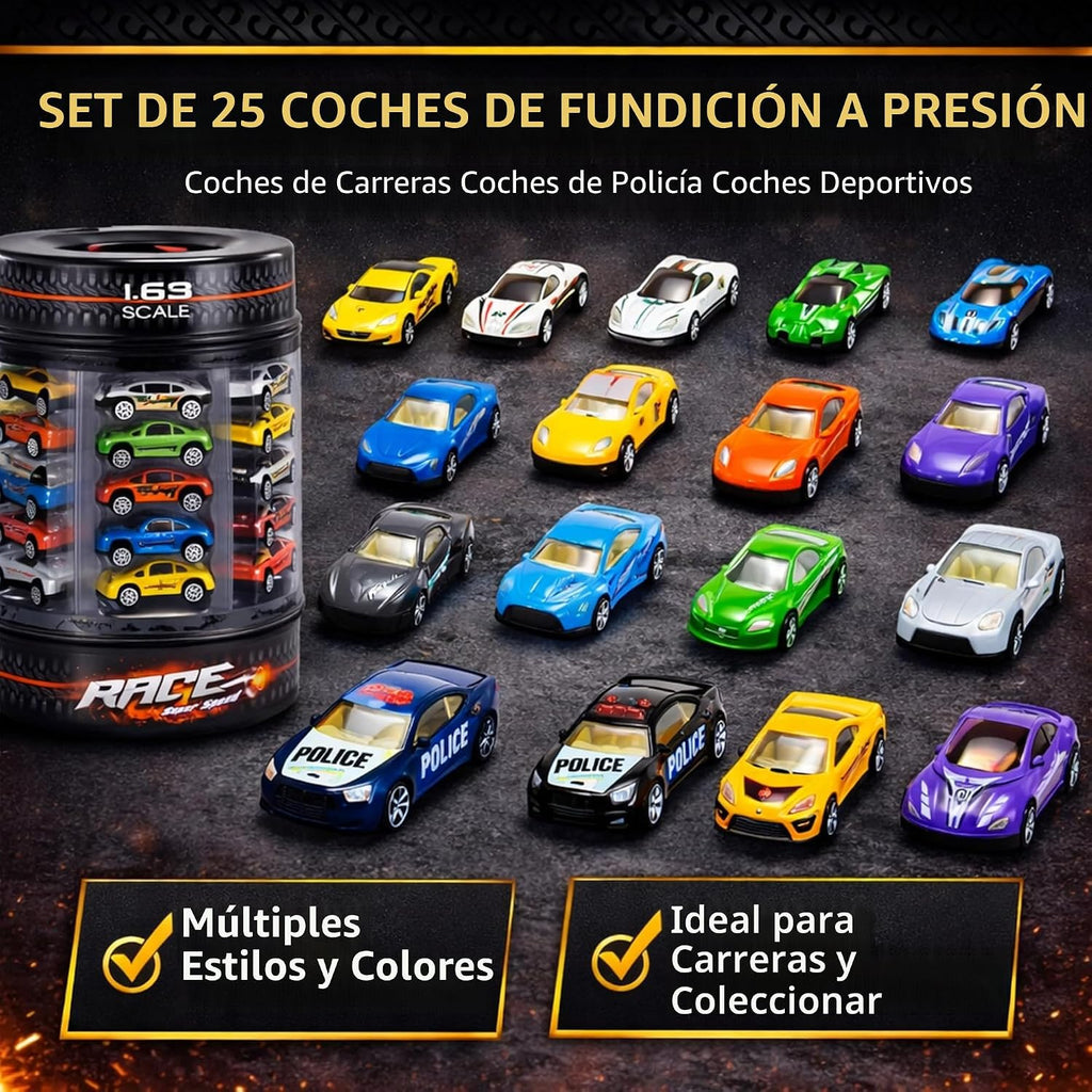 Juego de 25 piezas de autos fundidos a presión en bañera de transporte de almacenamiento, colección de vehículos fundidos a presión de aleación de metal a escala 1:64 para niños