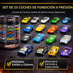Juego de 25 piezas de autos fundidos a presión en bañera de transporte de almacenamiento, colección de vehículos fundidos a presión de aleación de metal a escala 1:64 para niños