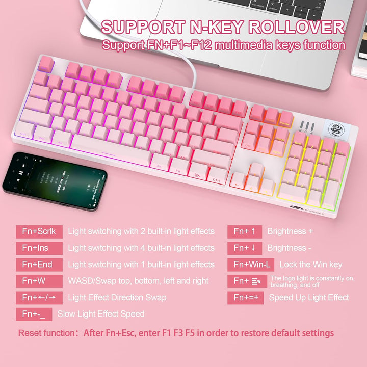 MageGee Teclados Gaming USB Rosa Con Cable