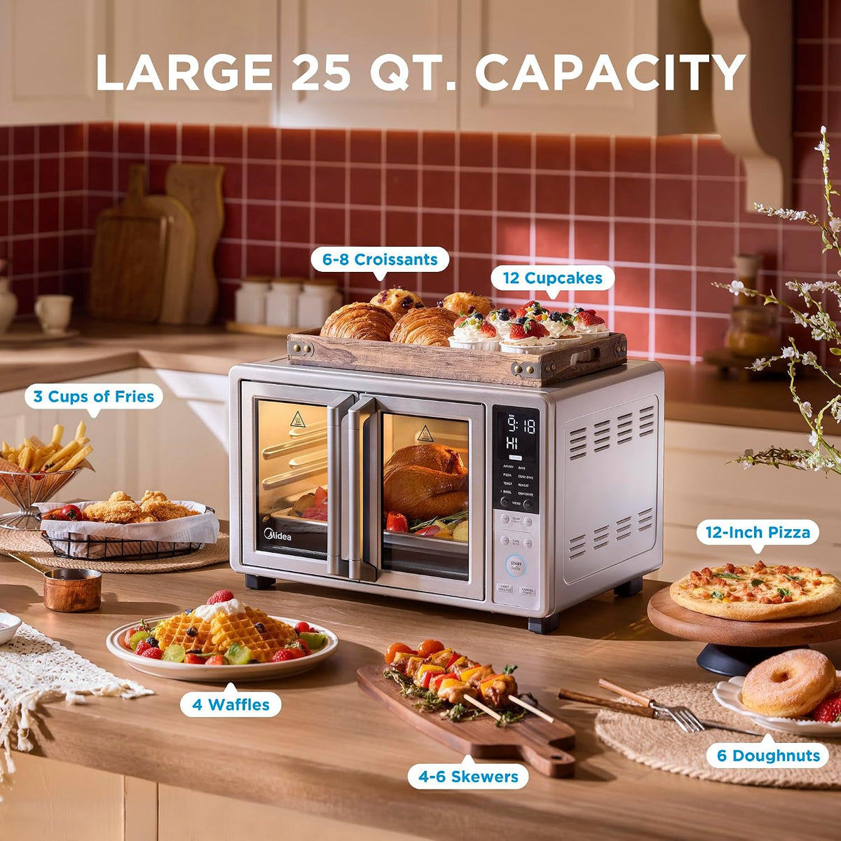 Midea Flexify Slim 8 en 1 - Tostadora para puerta francesa, horno y freidora combinada, 26.4 cuartos de galón
