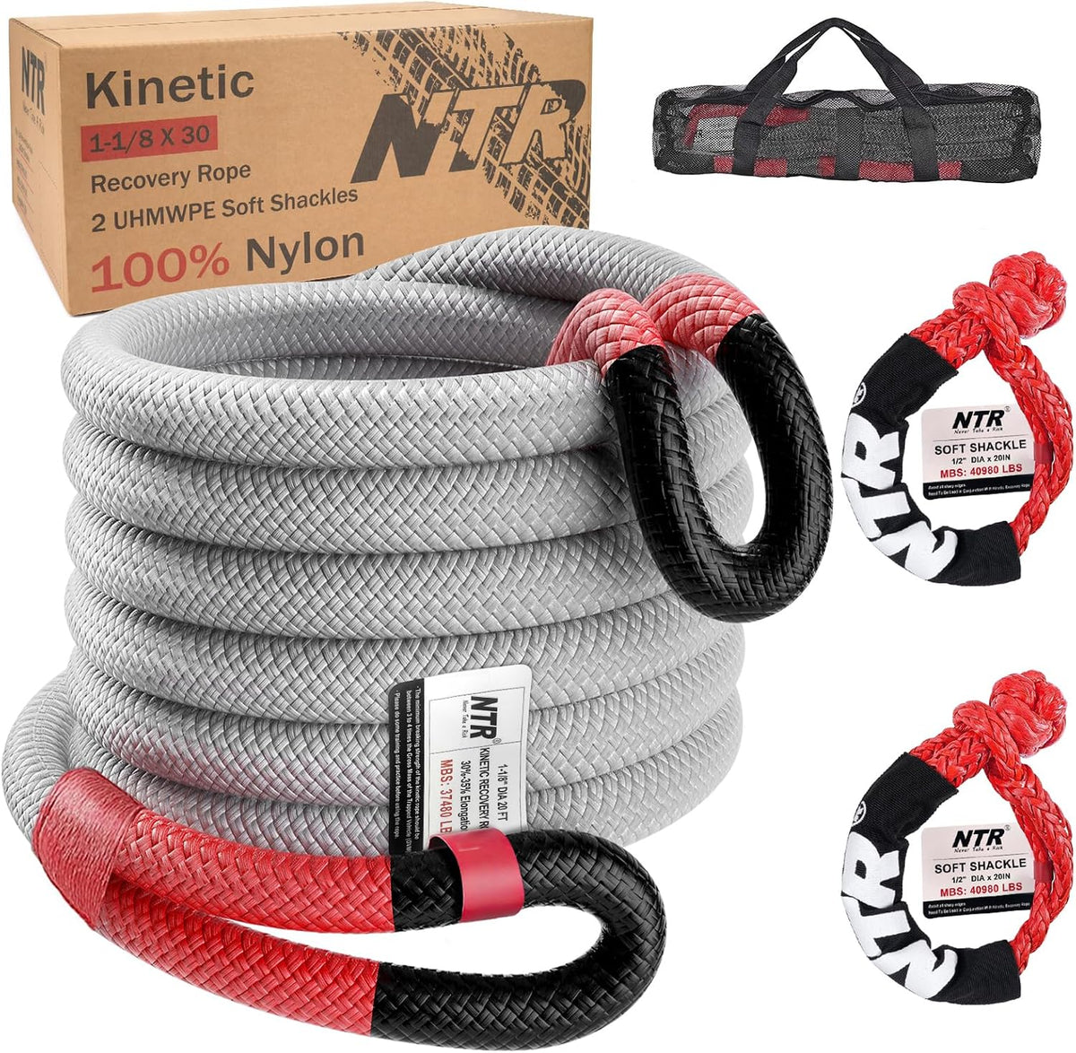 Cuerda de remolque de recuperación cinética de 1-1/8" x 20' (37,480 lbs), con 2 grilletes suaves UHMWPE (40,980 lbs), correa de tracción todoterreno resistente, kit de recuperación de vehículos