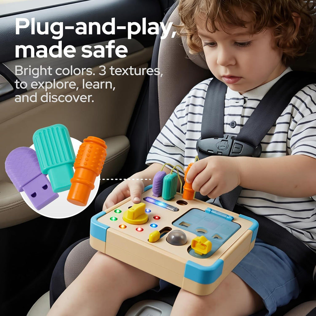 Tablero de actividades con 15 luces LED Montessori - Juguete educativo de aprendizaje Montessori con 9 sonidos, 5 interruptores y enchufes, juguetes de viaje, tabla de actividades sensoriales para 18 meses, regalo de cumpleaños para niños y niñas de 3