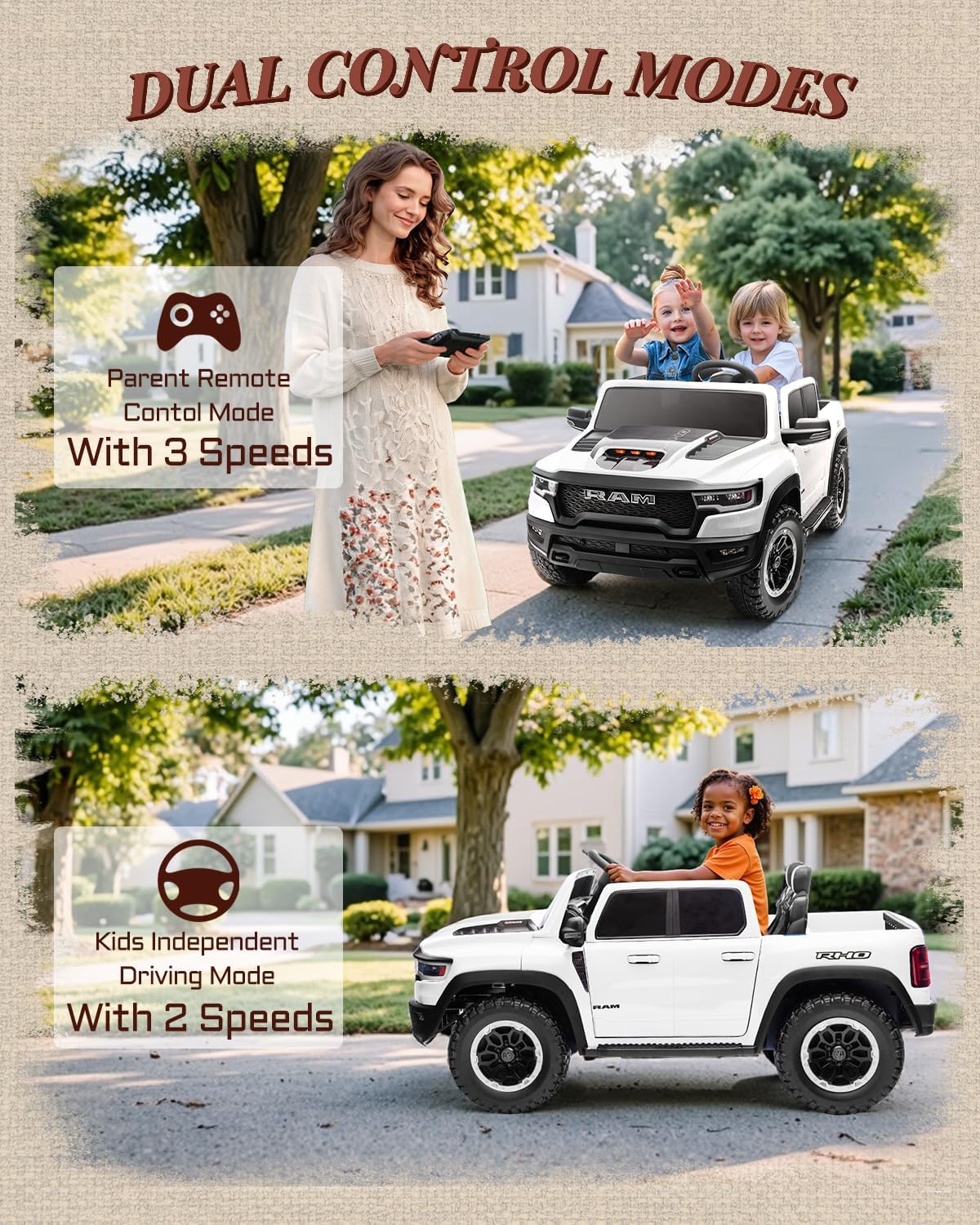 First Ride On - Auto eléctrico de 2 plazas para niños, con licencia RAM 1500 RHO 24V con control remoto, juguetes de paseo para niños con Bluetooth, luces LED, espaciosa cama de camión, palanca de