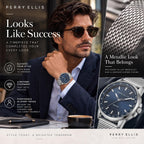 Perry Ellis Reloj para hombre con energía solar | Correa de malla de acero | Relojes de pulsera analógicos resistentes al agua para hombre | Caja de 43mm | Bisel de tacómetro de aluminio | Elegante