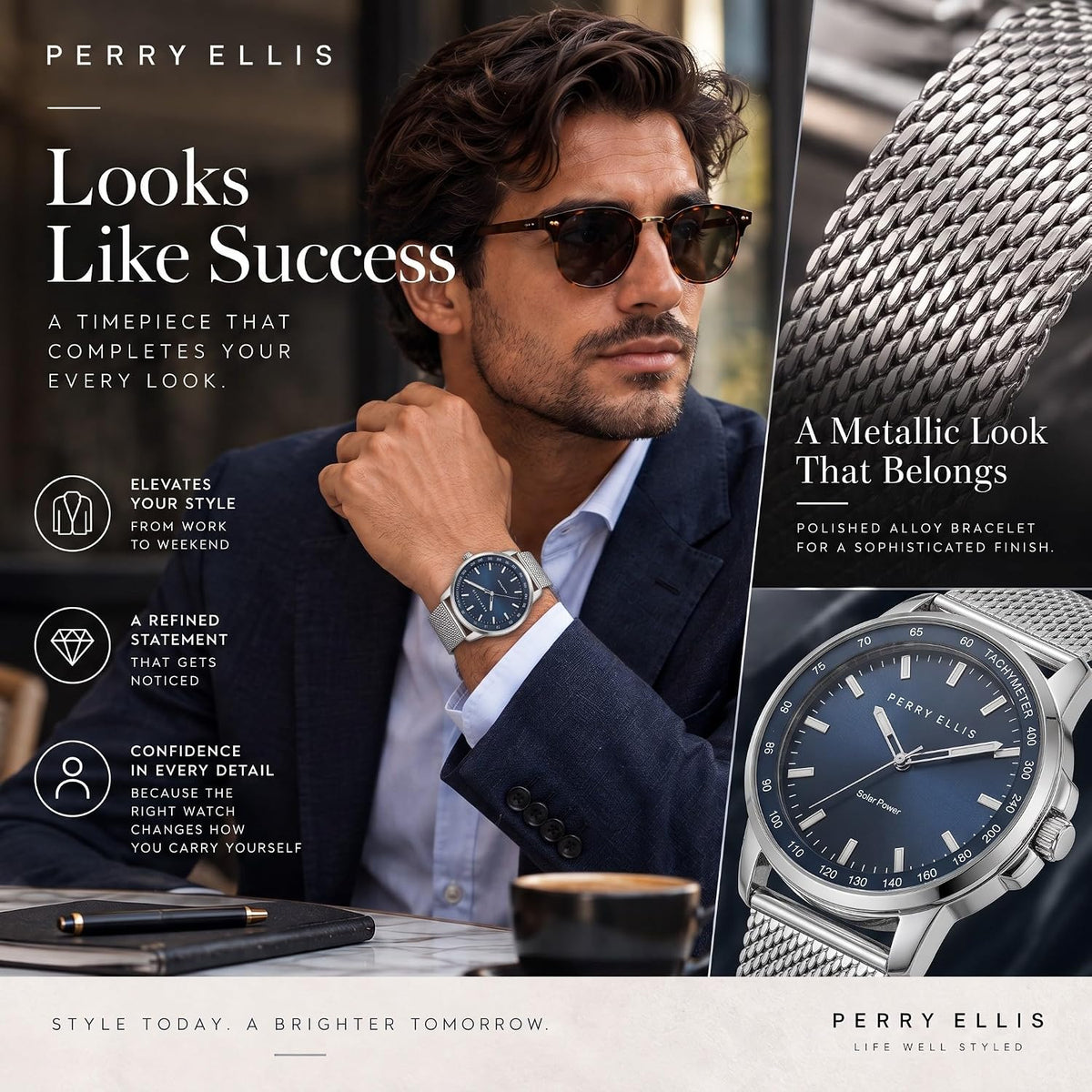 Perry Ellis Reloj para hombre con energía solar | Correa de malla de acero | Relojes de pulsera analógicos resistentes al agua para hombre | Caja de 43mm | Bisel de tacómetro de aluminio | Elegante